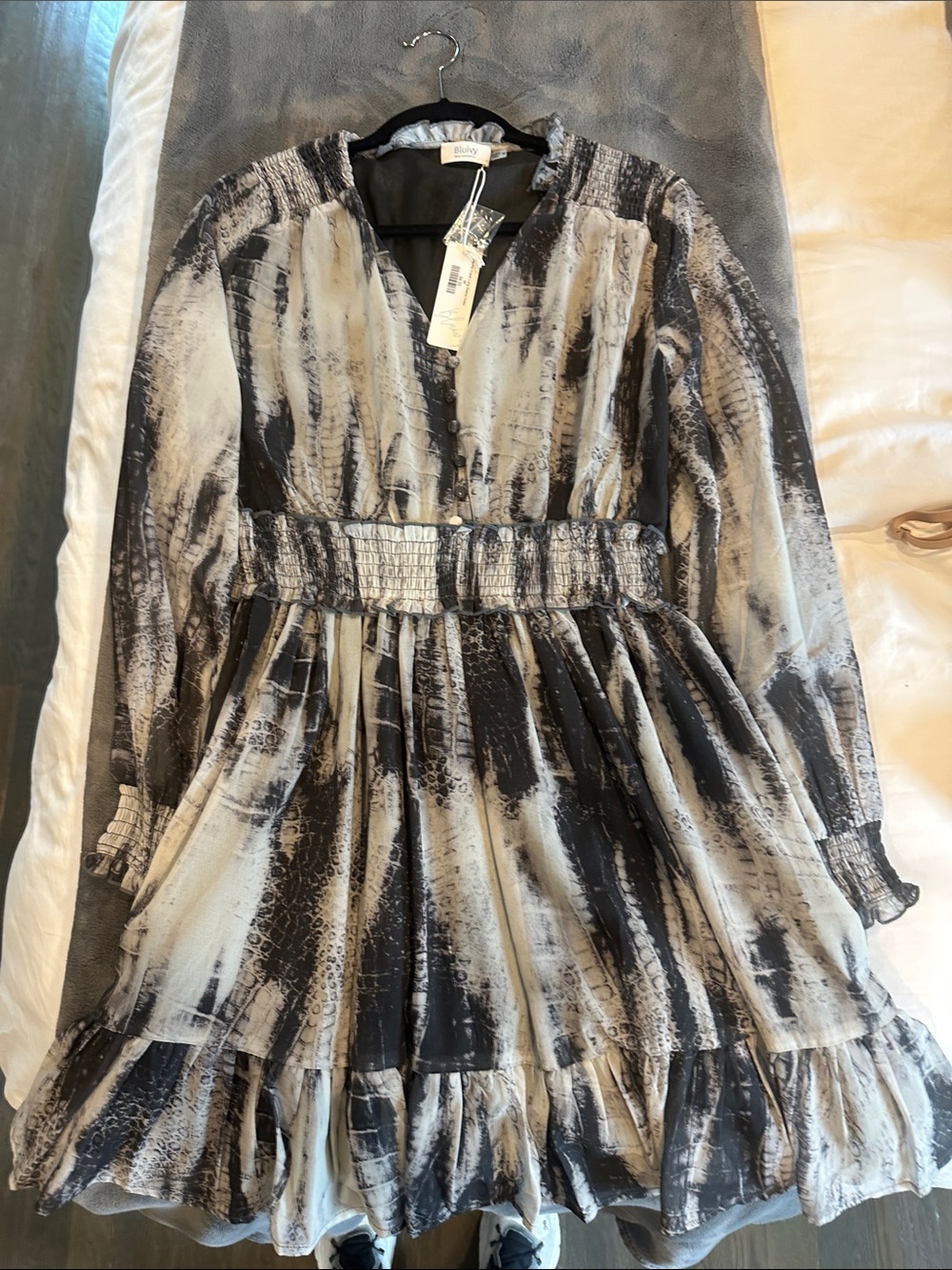 Bluivy Black and Cream Printed Long Sleeve Smocked Waist Dress